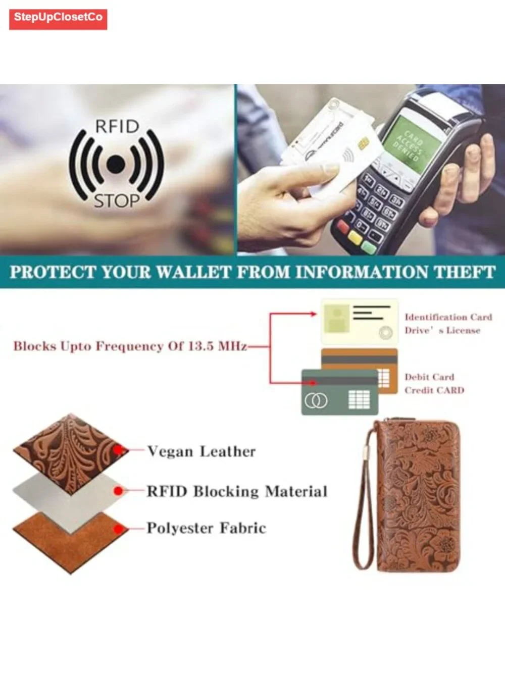 Vegan Leather RFID Blocking Wallet Wristlet Double Zip Clutch